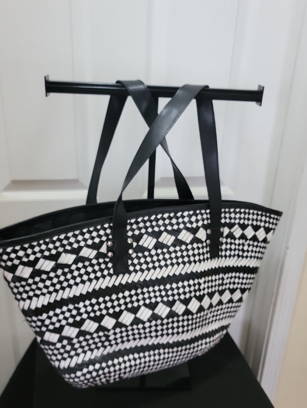 Chico's Black and White Geometric Woven Tote
